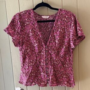 Lucky Brand Pink Floral Button-Up V-Neck Blouse